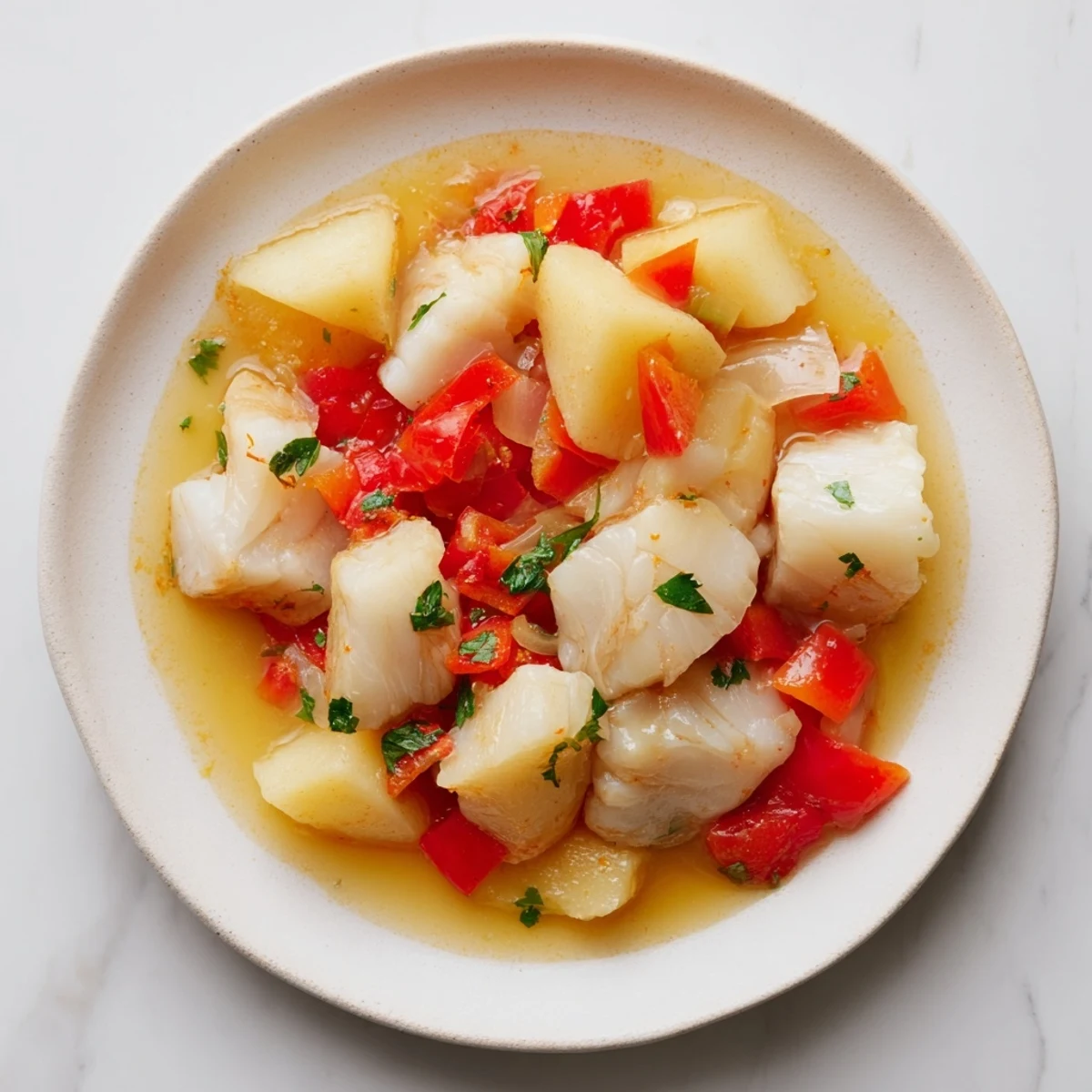 Enjoy flavorful 1-Pan Potato and Bacalao Stew, a Mediterranean classic with fresh parsley garnish.