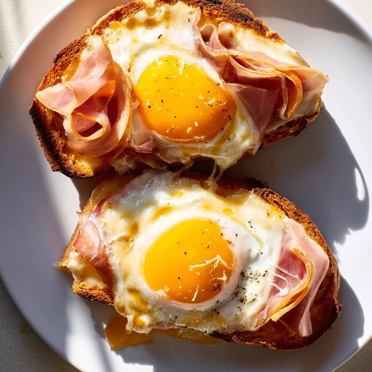 Golden, bubbling melted Gruyère tops the Effortless 3-Ingredient Croque Madame Toast Hack with a fried egg.