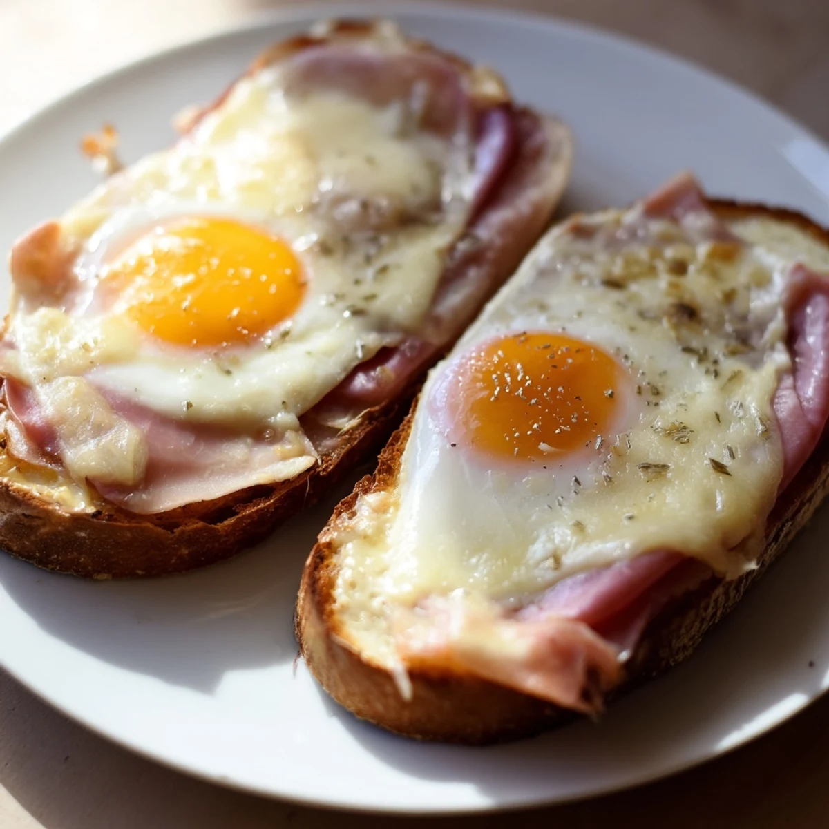 A warm plate holds a perfectly made Effortless 3-Ingredient Croque Madame Toast, full of delicious ham and cheese.