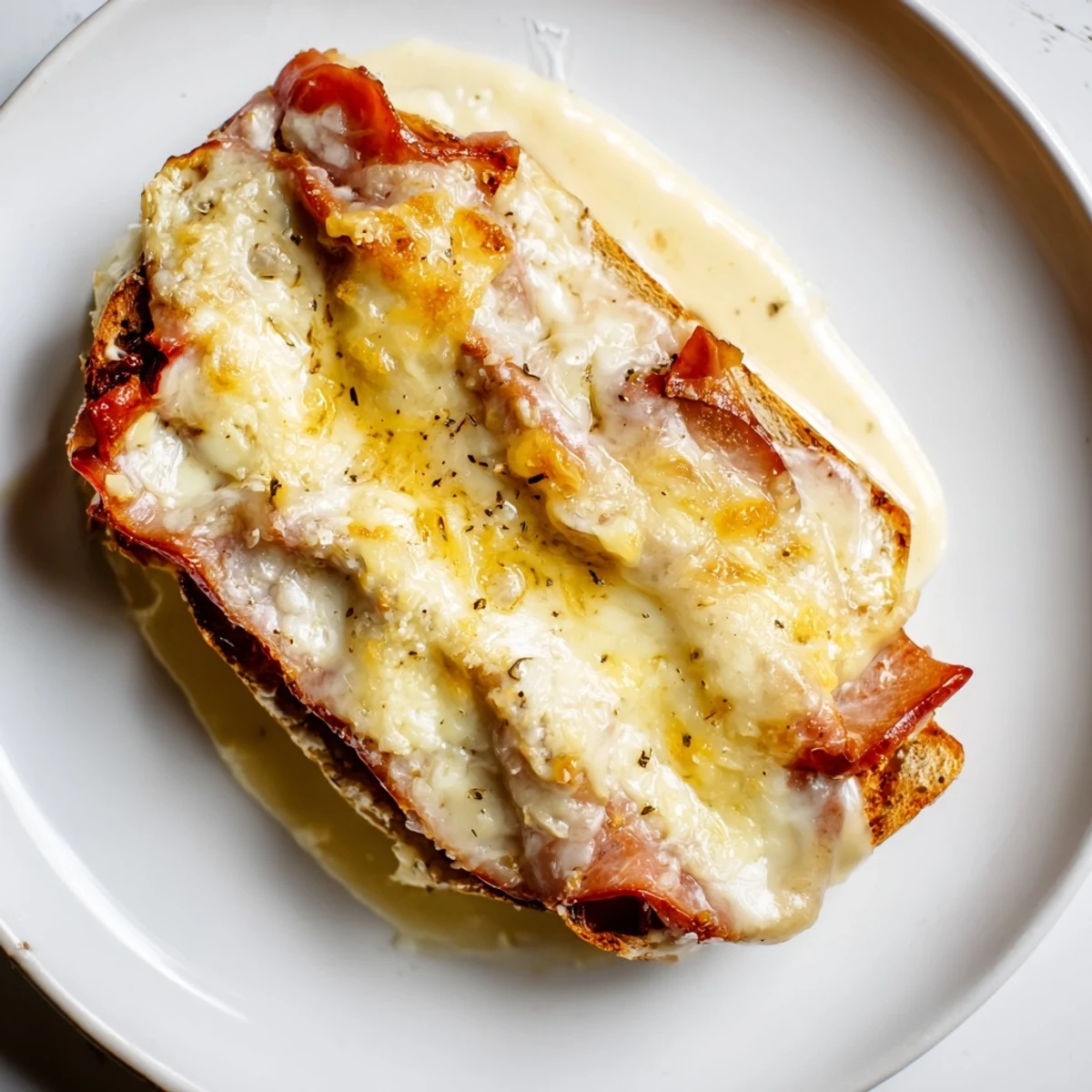 Golden, bubbly Parisian Ham & Cheese Gratin, a comforting French dish ready to be devoured.