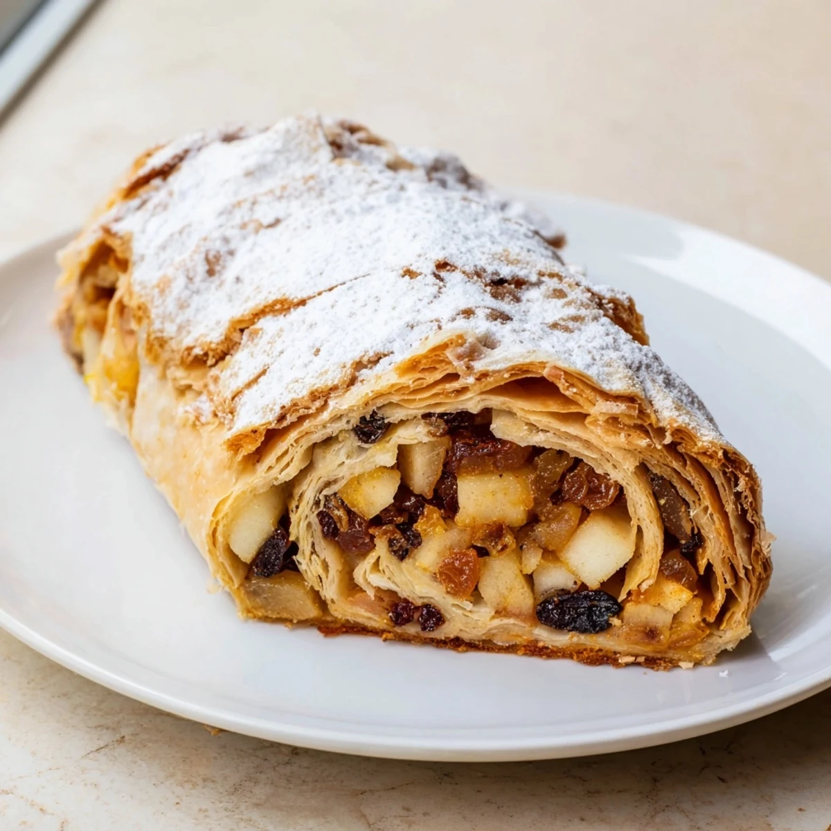 Golden and crispy oven-baked apple strudel rolls, a delicious dessert with sweet, spiced apple filling.