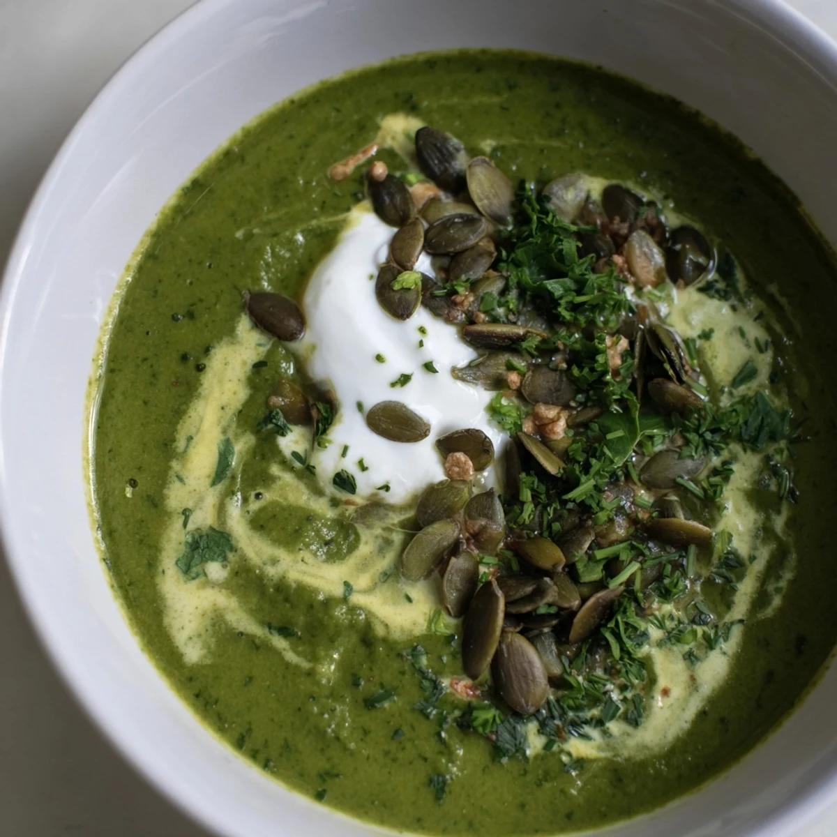 Steaming bowl of Viral Nettle Soup Twist, a creamy vegetarian soup with fresh herbs and a vibrant green color.