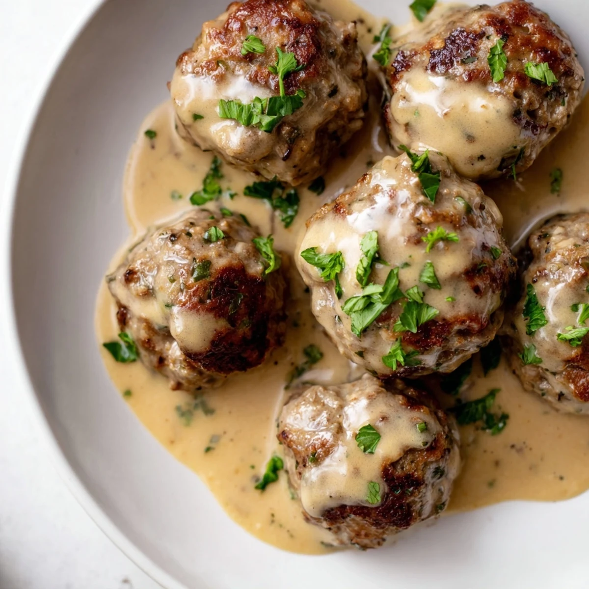 Golden-brown skillet German meatballs smothered in a rich, creamy gravy, ready to serve and enjoy.