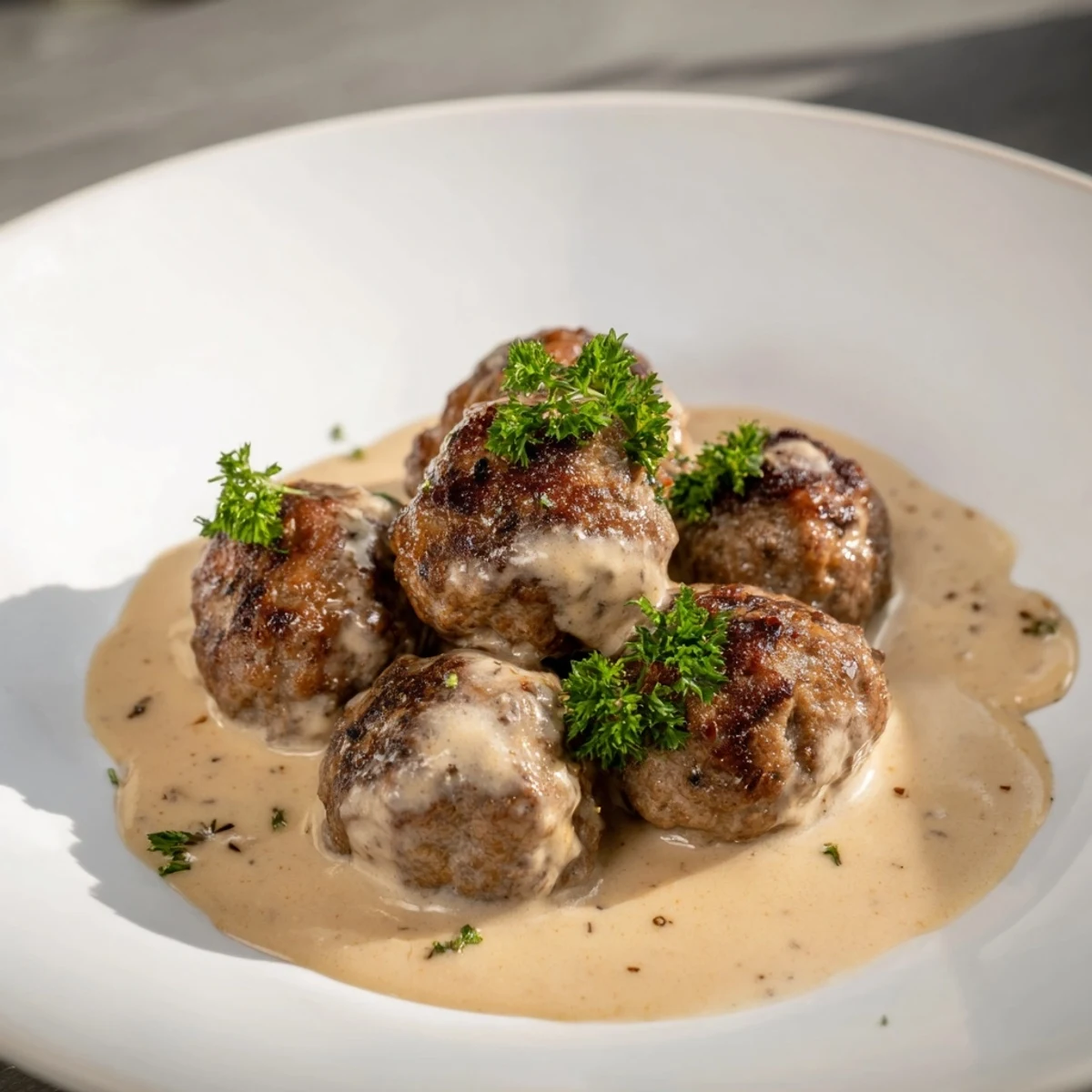 Hearty German meatballs with flavorful gravy, steaming in a skillet, perfect with mashed potatoes.