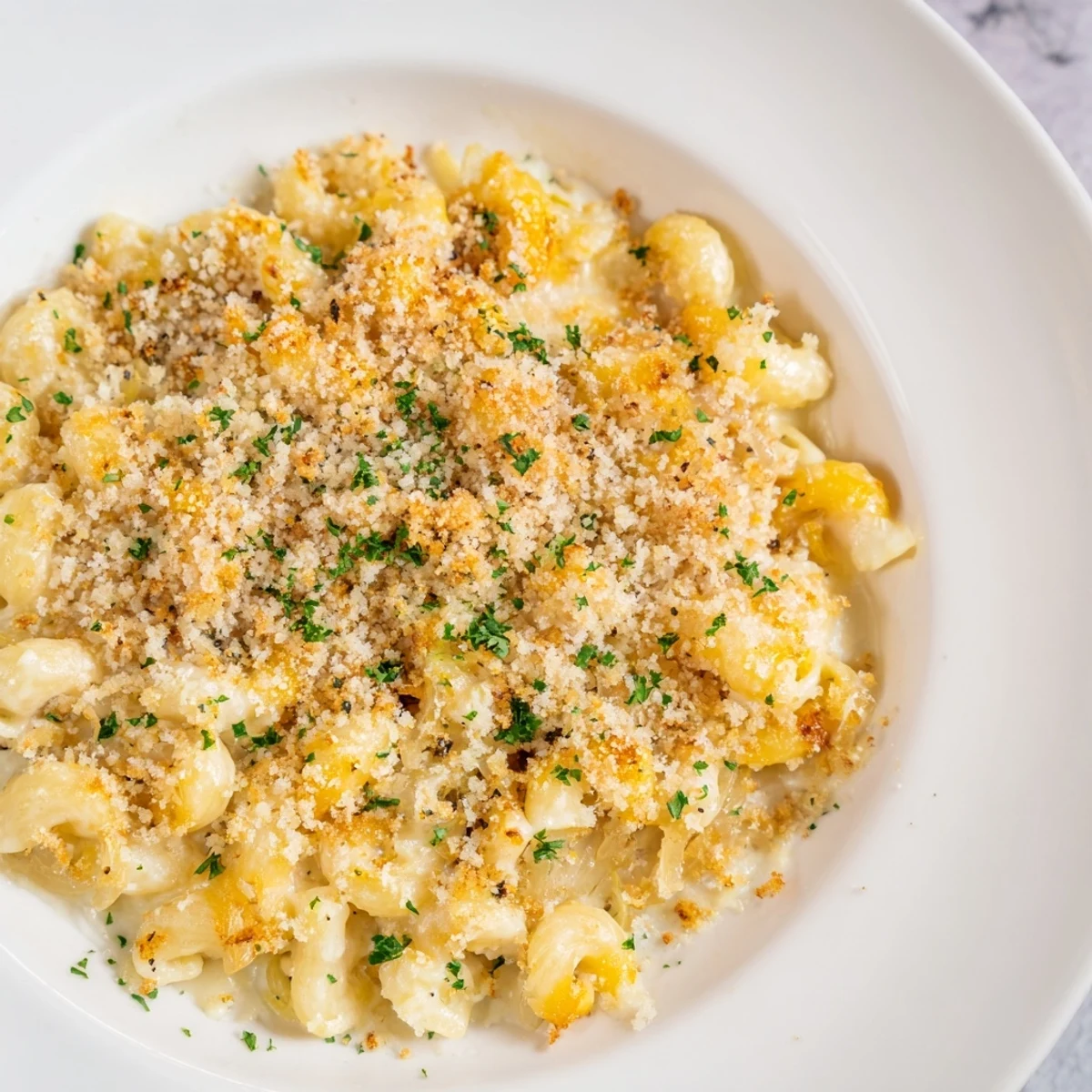 One-Pot French Onion Mac and Cheese Bake, bubbly with golden breadcrumb topping and melted Gruyère cheese.