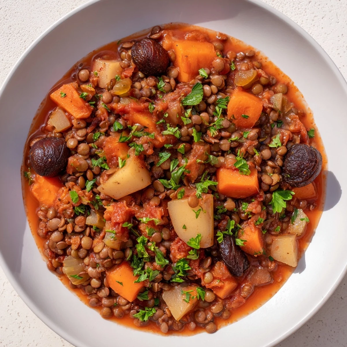 A steaming bowl of Abuela's Secret Lentil Stew with Prunes, savory with spices and tender lentils.