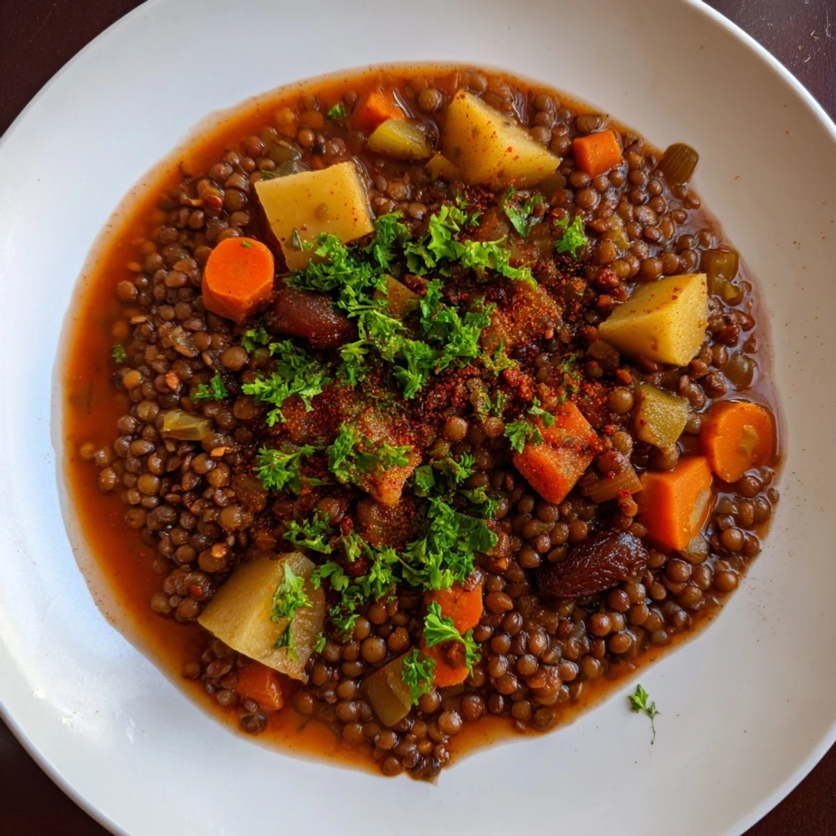 Hearty Abuela Secret Lentil Stew with Prunes, boasting a rich broth and plump, softened prunes.