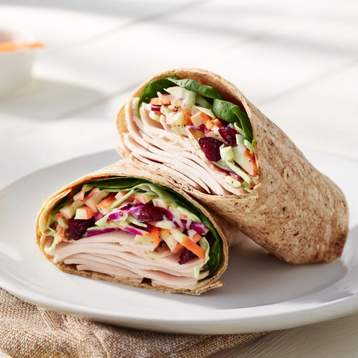 Freshly assembled cranberry apple slaw turkey wrap, a healthy and delicious light lunch option.