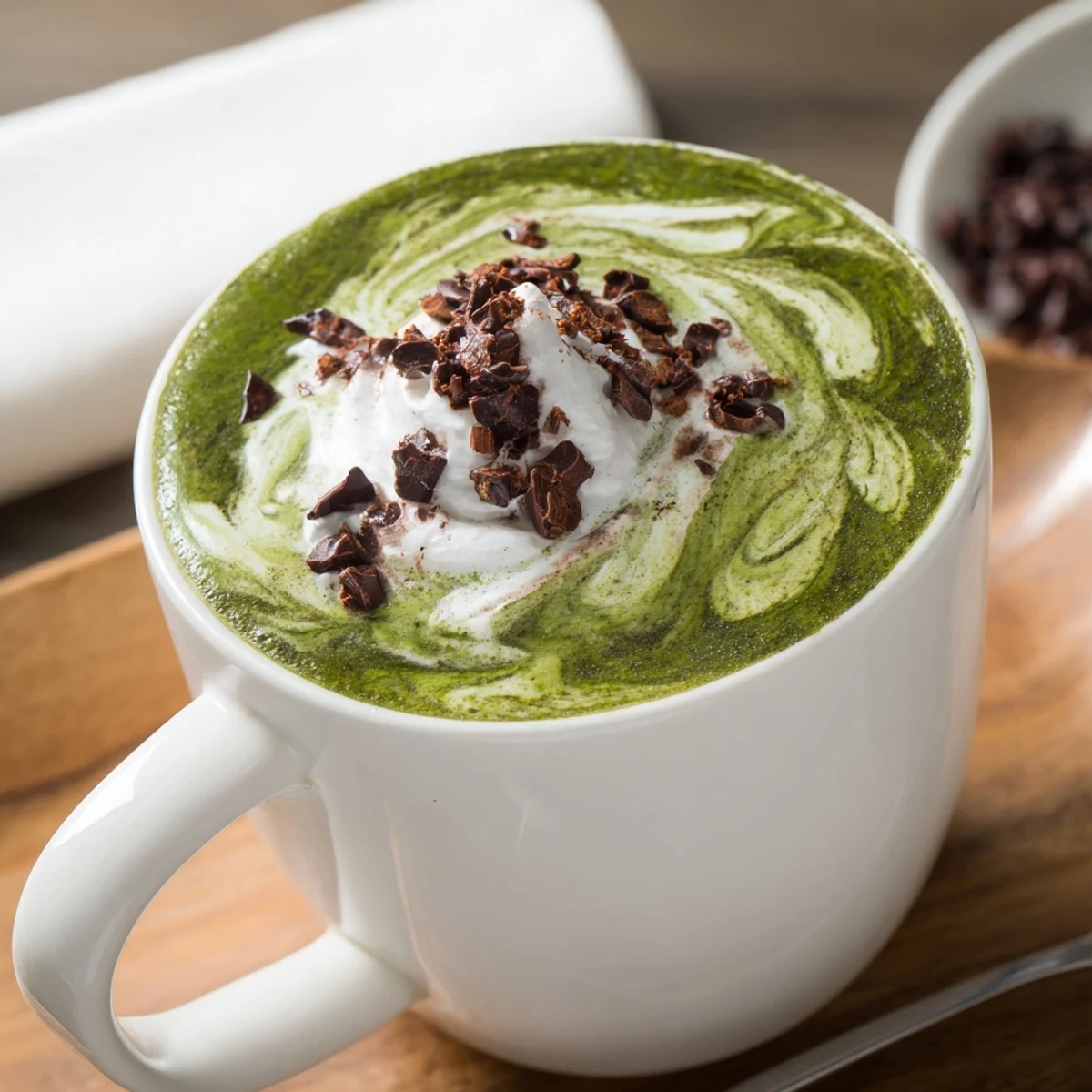 Frothy, green-layered Collagen Peppermint Mocha Matcha Latte, showcasing a beautiful blend of flavors in a clear mug.