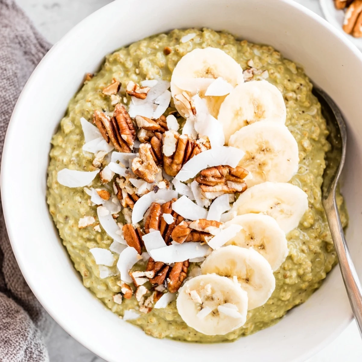 A close-up of delicious High-Protein Eggnog Matcha Overnight Oats, perfect for a protein-packed, cold breakfast.