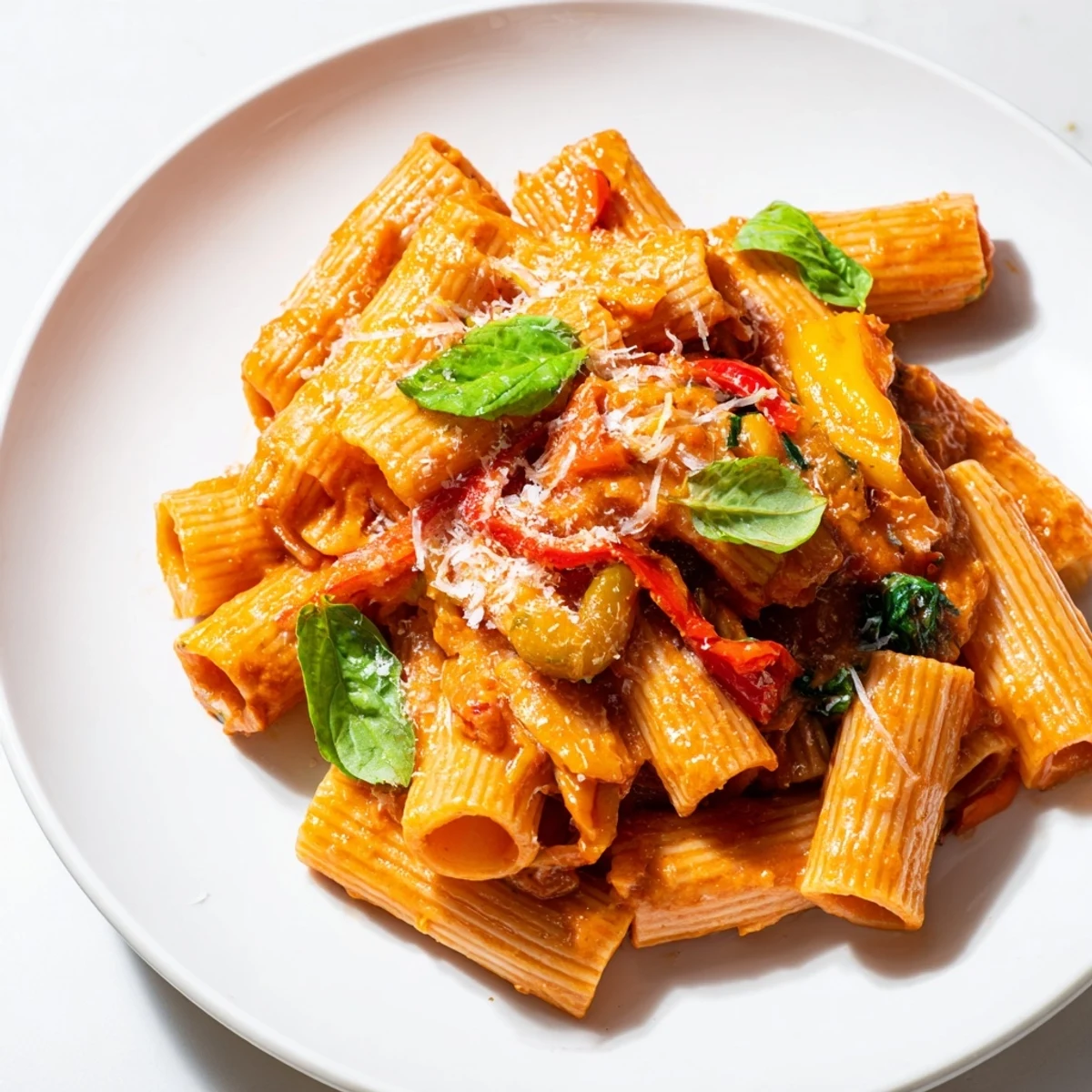 Imagine the bright colors of this festive Lightened-Up Vodka Rosé Christmas Pasta with fresh basil and Parmesan cheese.