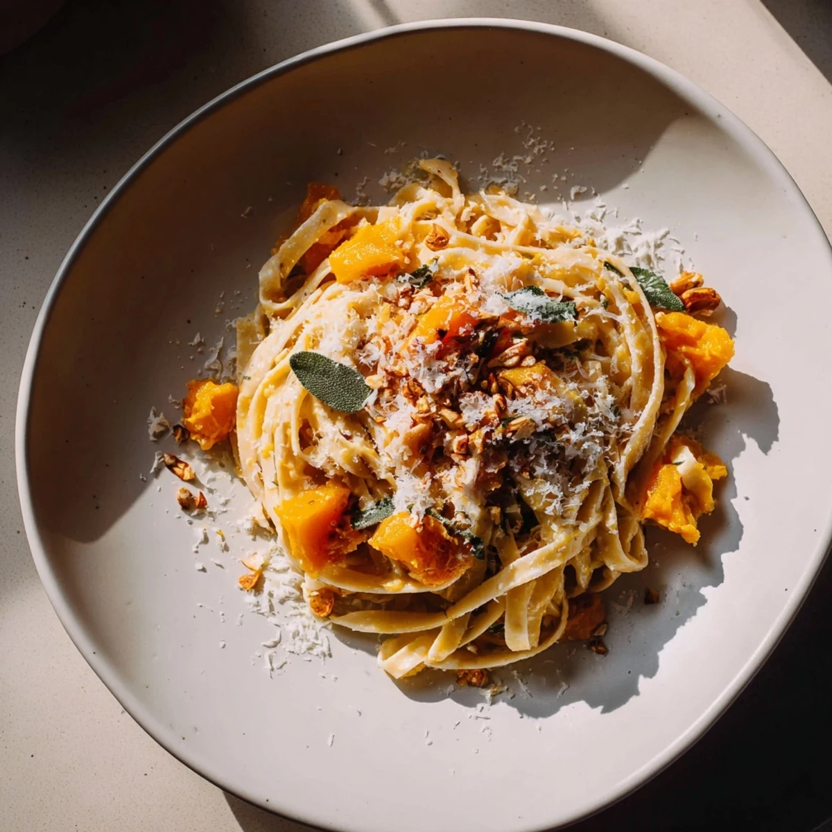 The Healthy Creamy Pumpkin Sage Holiday Pasta is plated, ready to be enjoyed with a sprinkle of Parmesan.