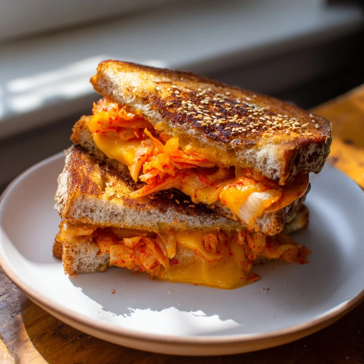 Golden, bubbly Skillet Kimchi & Cheddar Fusion Grilled Cheese, with melted cheese oozing between toasted bread.