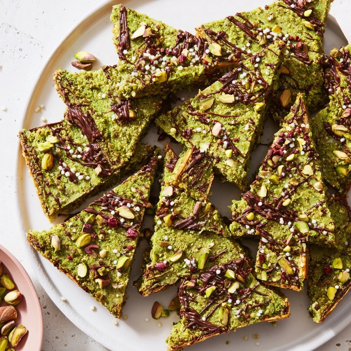 Matcha Pistachio Christmas Tree Blondie Bars, cut in festive tree shapes, drizzled with white chocolate and sprinkles.