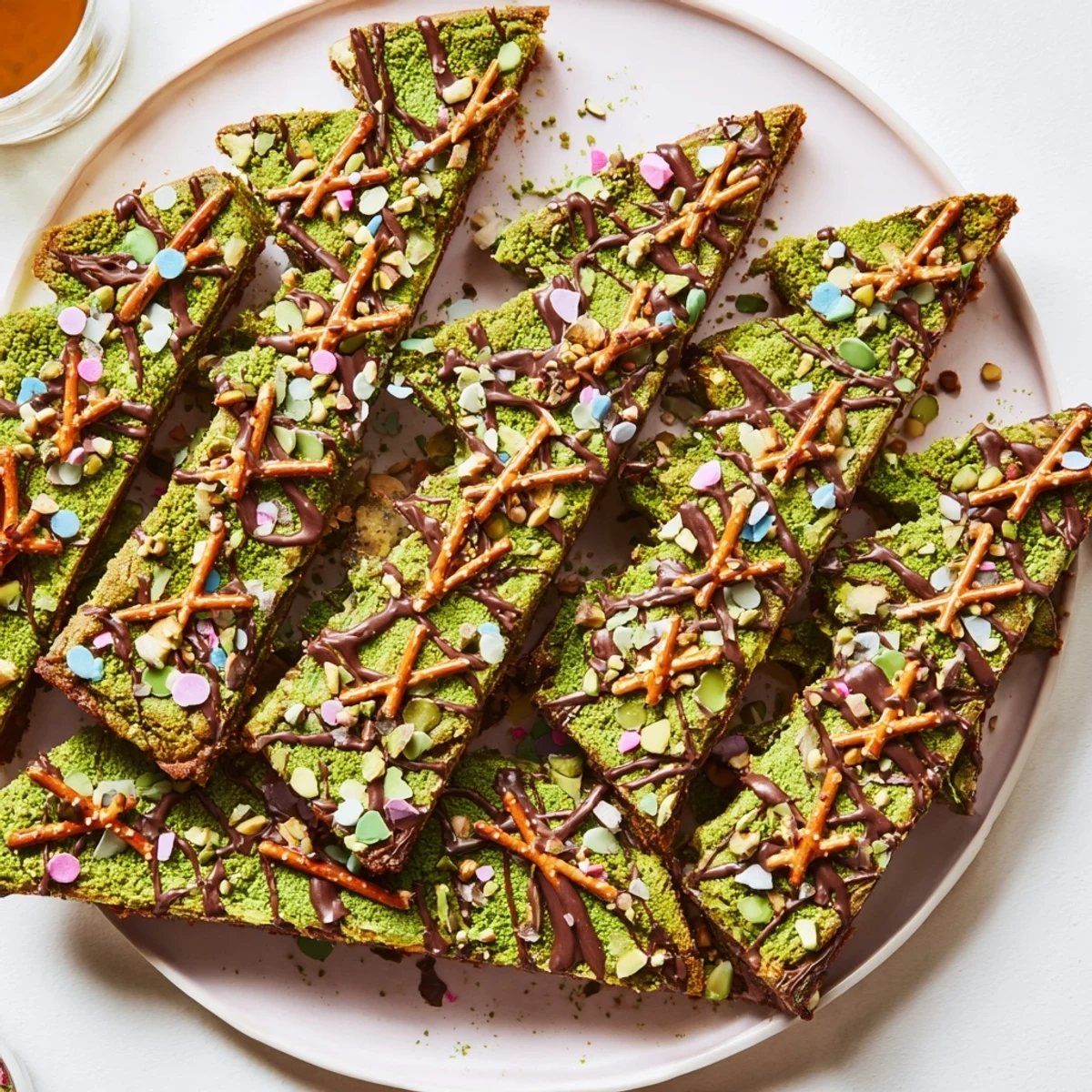 Warm Matcha Pistachio Christmas Tree Blondie Bars with a sweet white chocolate drizzle and festive Christmas sprinkles.