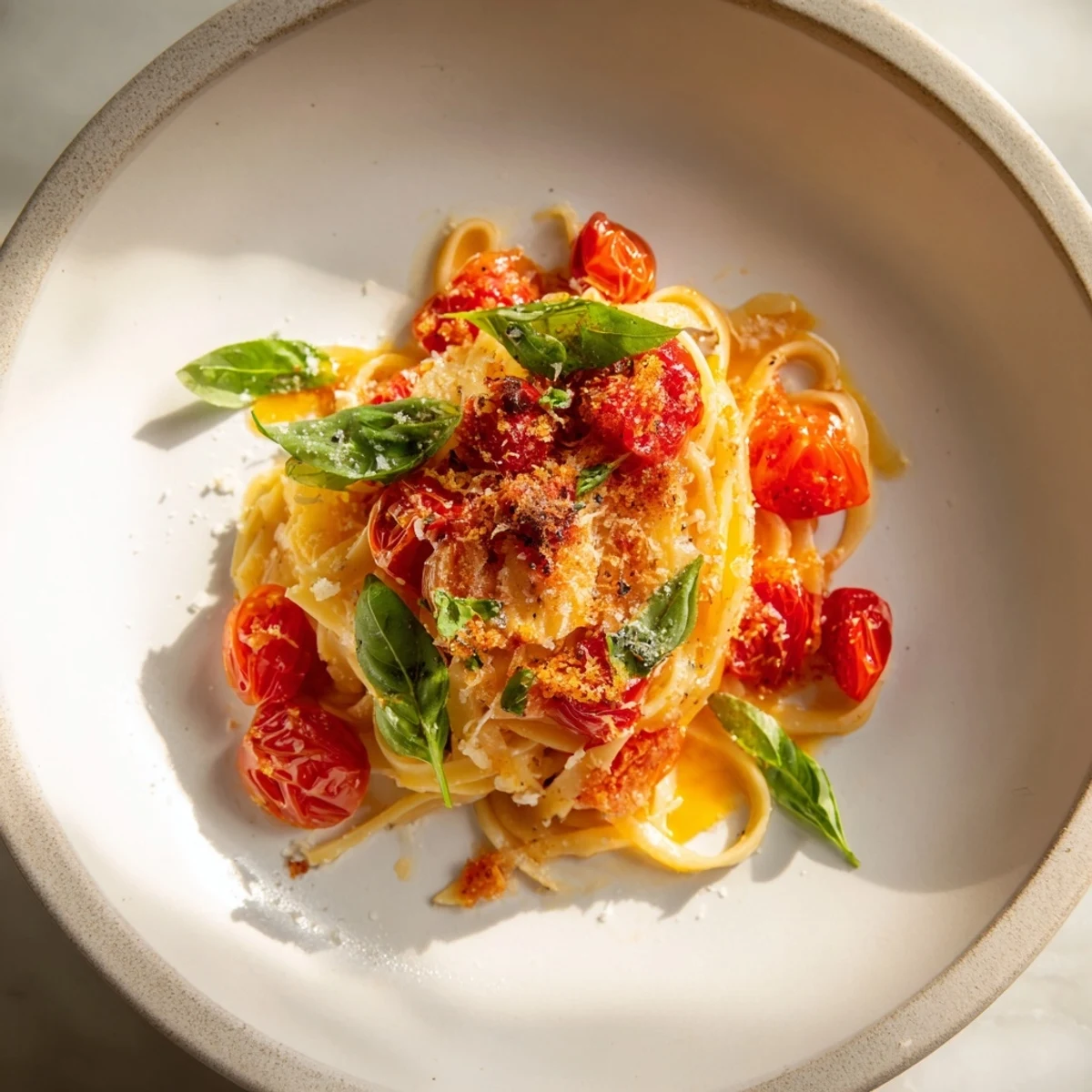 Steaming hot one-pan tomato basil pasta, garnished with fresh basil, ready for a delicious meal.