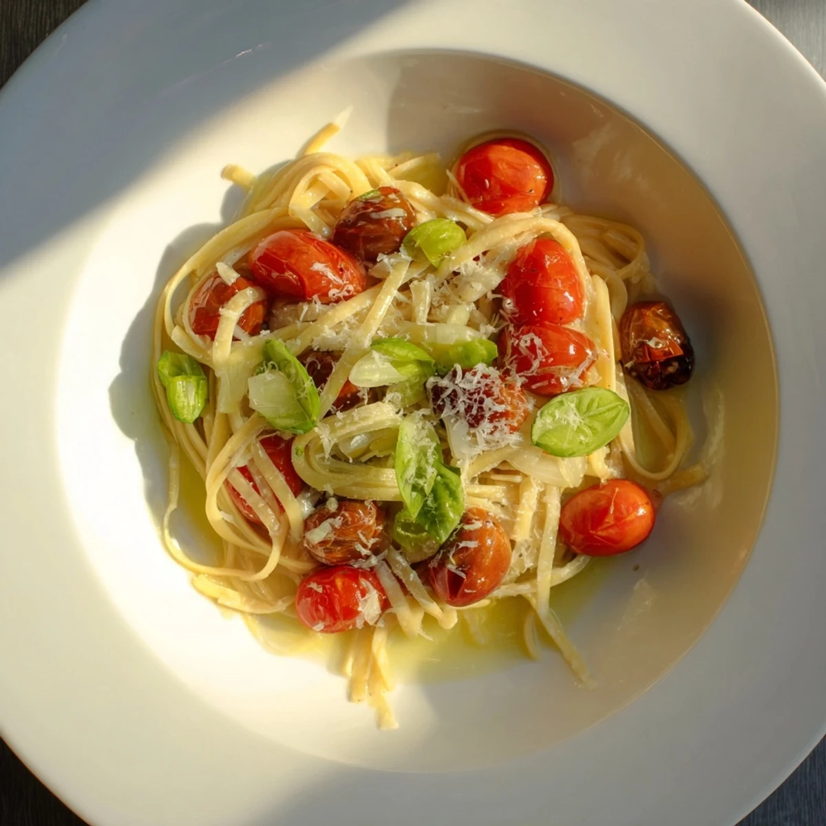 Vibrant photo of cozy fireplace tomato basil pasta, bubbling in a skillet, showcasing the Italian flavors.