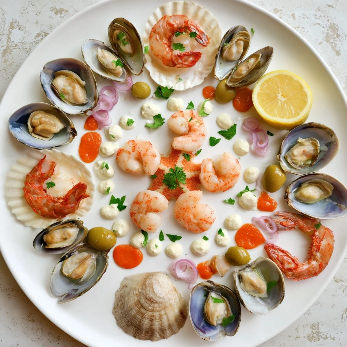 Starfish & Shell Appetizer Board overflowing with cooked shrimp and scallops, ready to enjoy with savory dips.