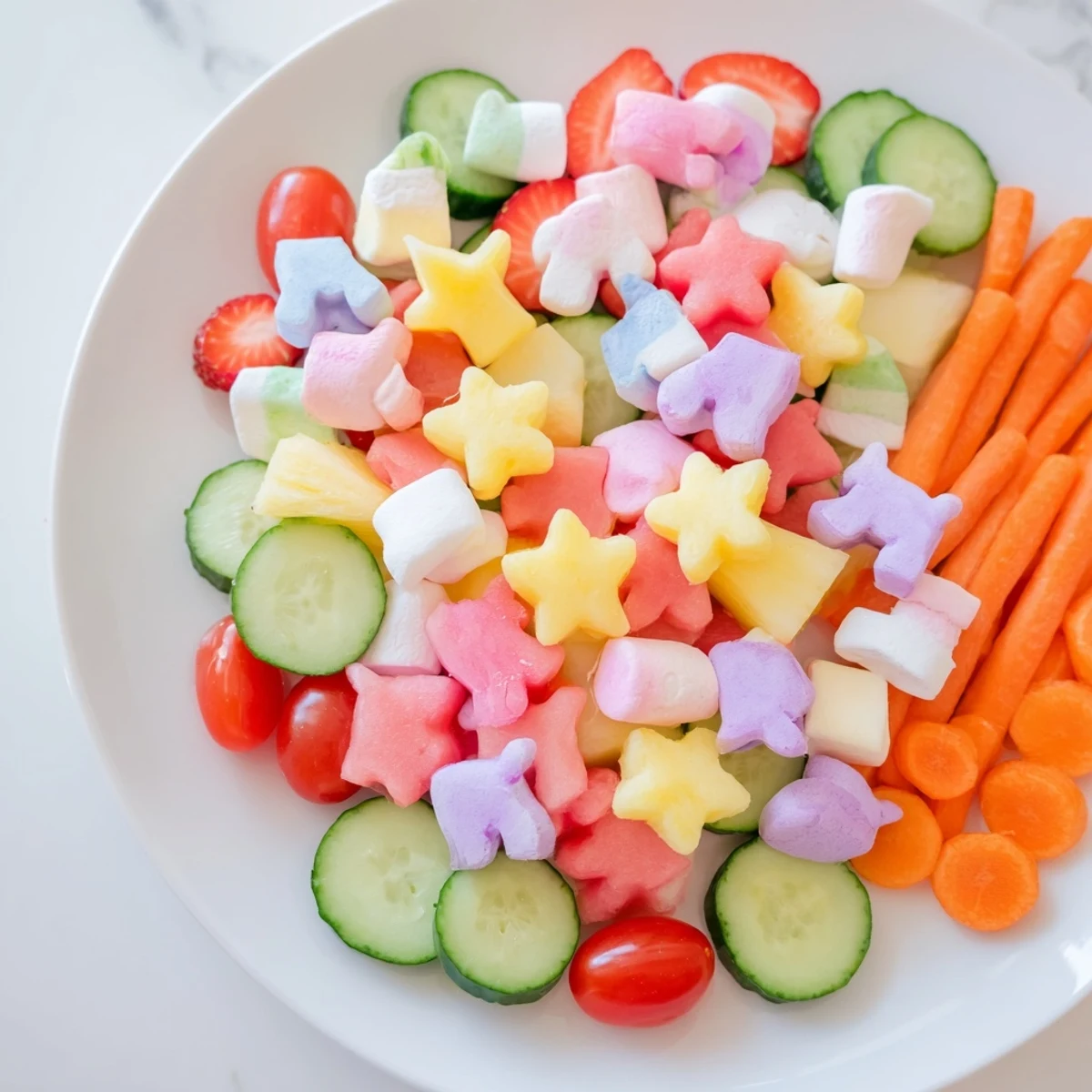 A vibrant Unicorn Party Platter bursting with colorful fruits, veggies, and magical treats for guests.