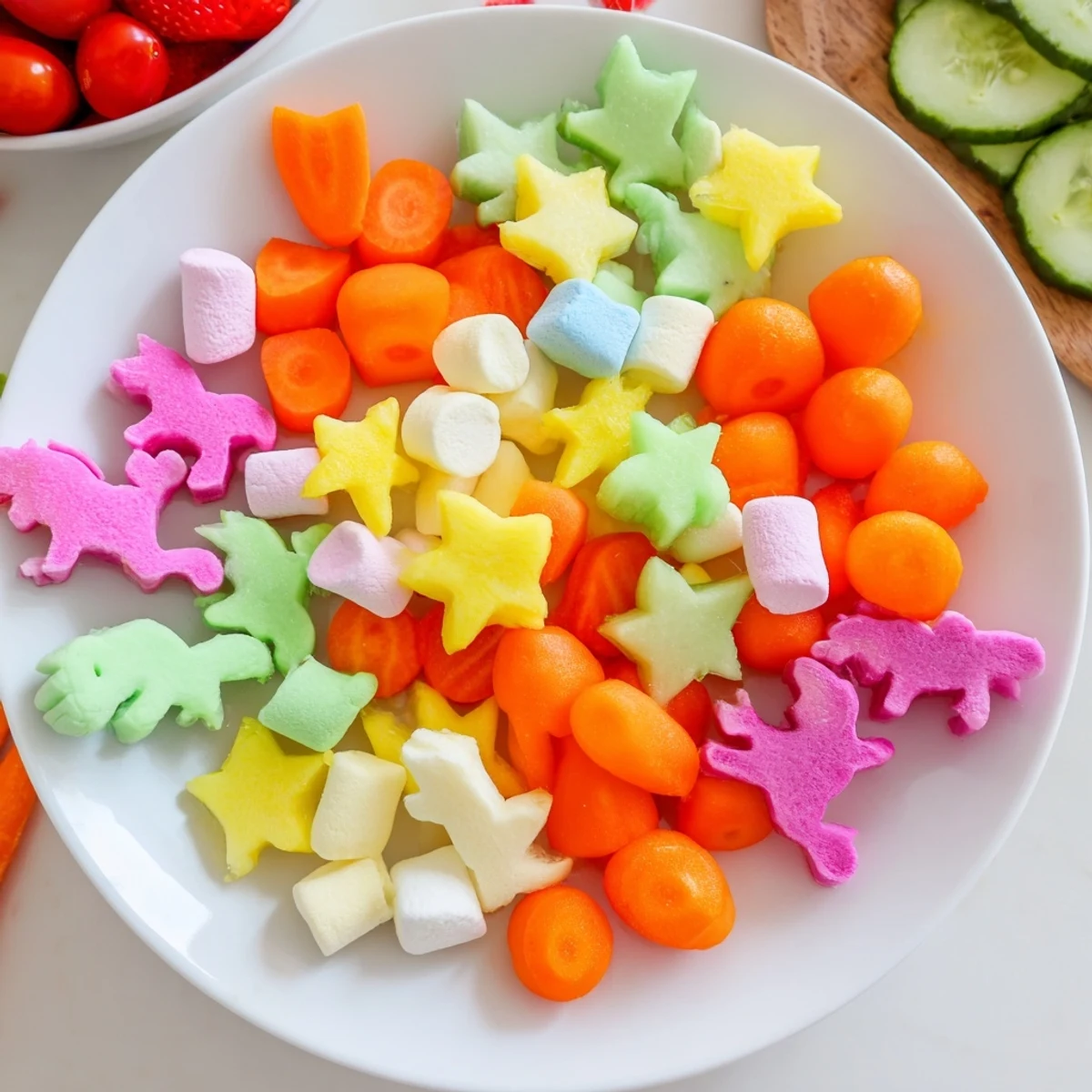 This delightful Unicorn Party Platter displays rainbow fruits, cheese, and cookies; perfect for any celebration!