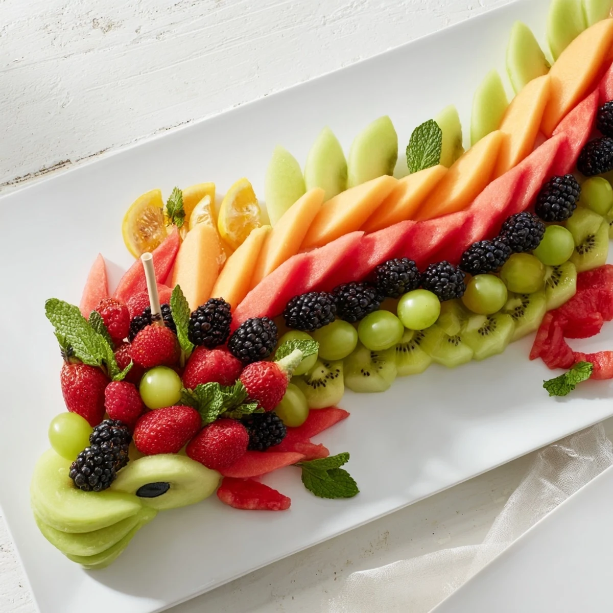 Vibrant dragon-shaped fruit tray, overflowing with fresh watermelon and colorful grapes, perfect for parties.