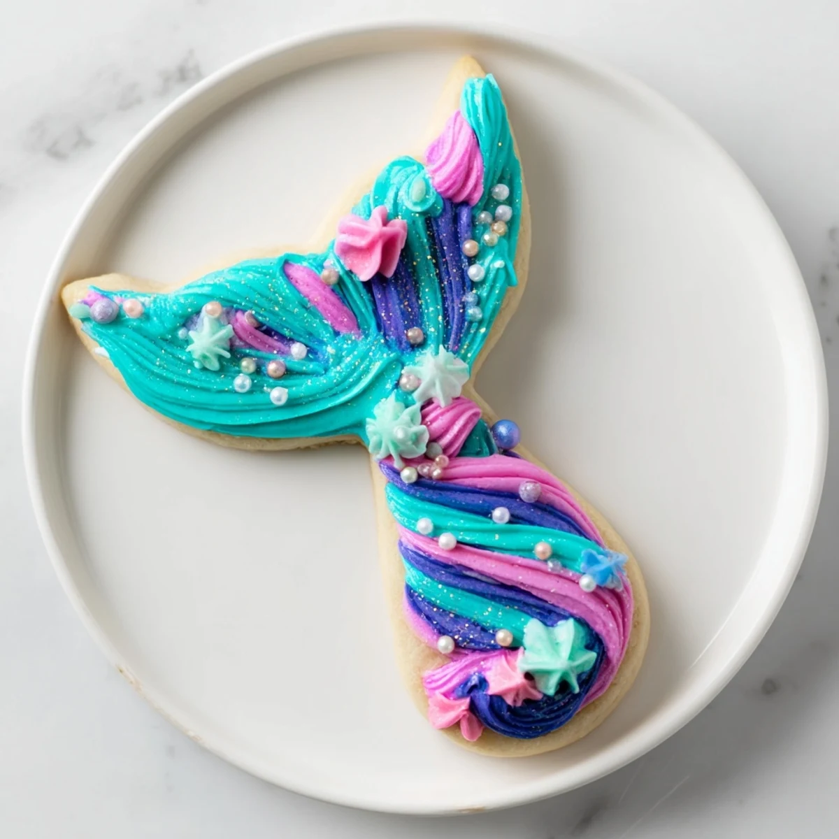 Vibrant mermaid tail sweets, with shimmering frosting and candy pearls, are ready to serve.