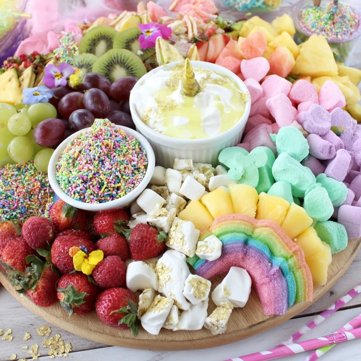 Magical Unicorn Rainbow Dessert Board overflowing with colorful fruits, sweets, and creamy dips for sharing.
