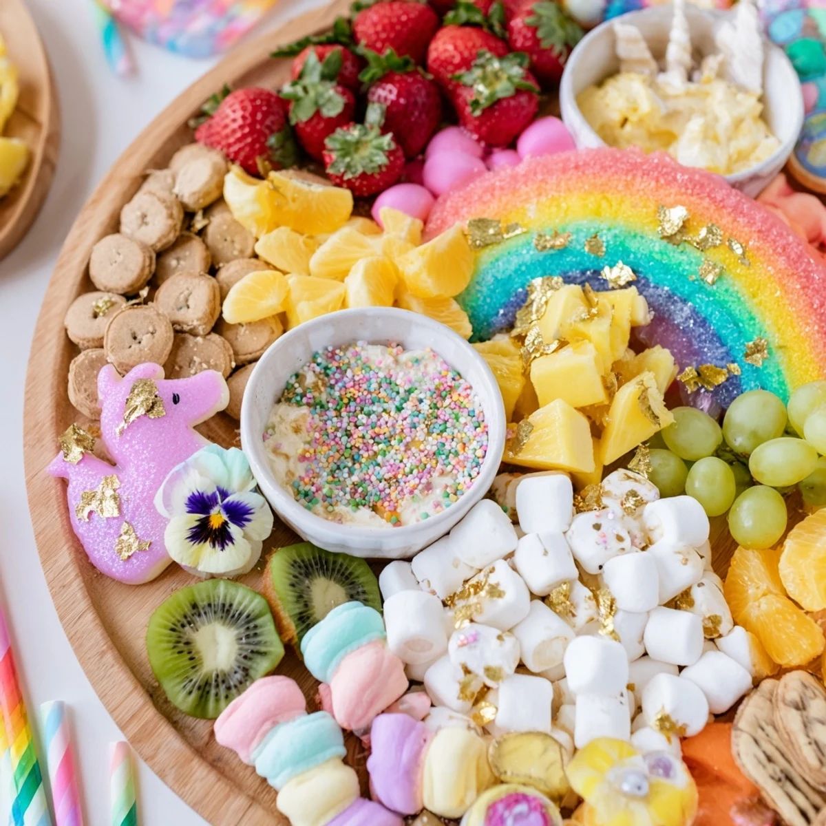 A vibrant and delightful Magical Unicorn Rainbow Dessert Board filled with fresh fruits and sugary treats.