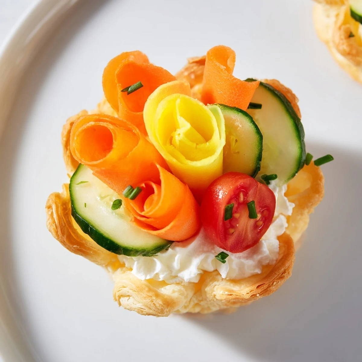Golden-baked Fairy Garden Flower Shaped Snacks, filled with cream cheese and colorful vegetable petals.