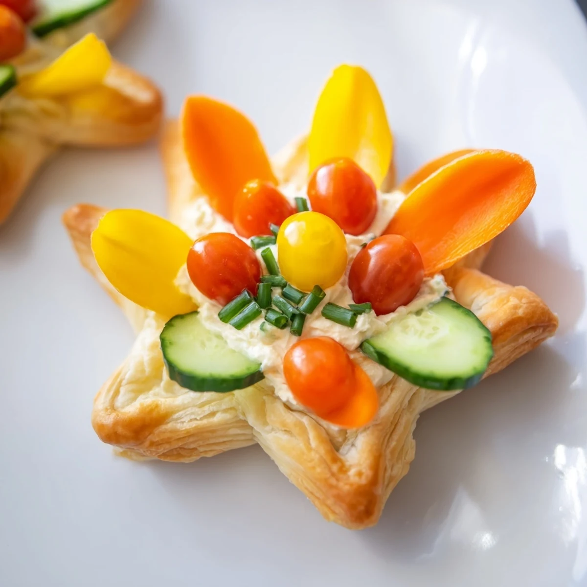 Vibrant Fairy Garden Flower Shaped Snacks featuring puff pastry flowers and delicious cream cheese filling.