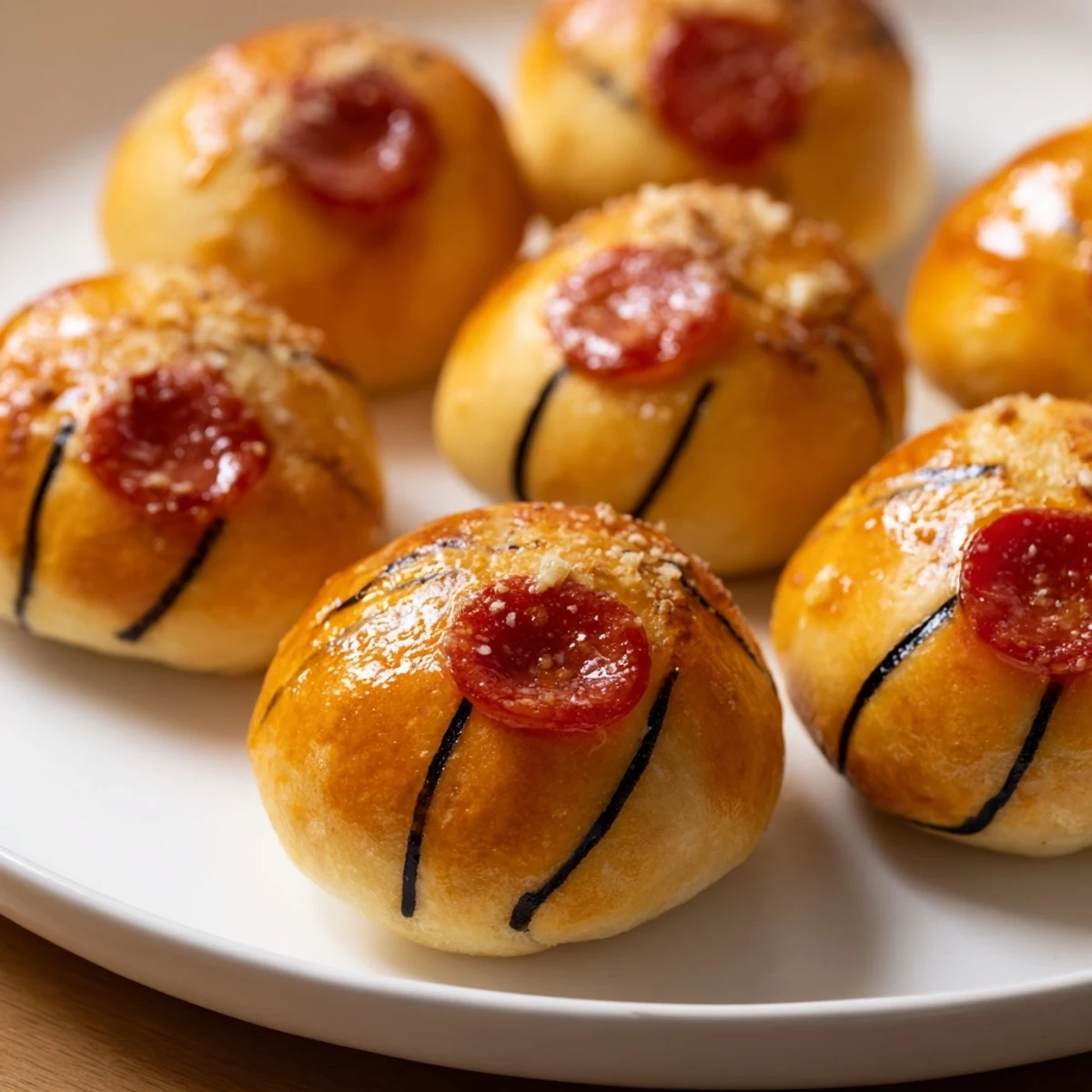 Golden basketball pizza bites, ready to enjoy with pizza sauce for dipping.