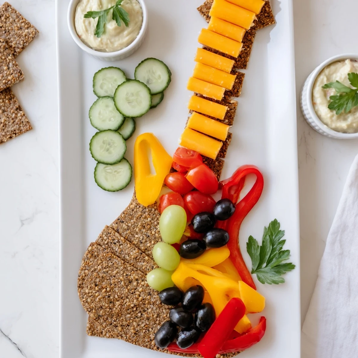Vibrant Rock Star Guitar Snack Platter, a visually exciting spread of cheeses, crackers, and veggies.