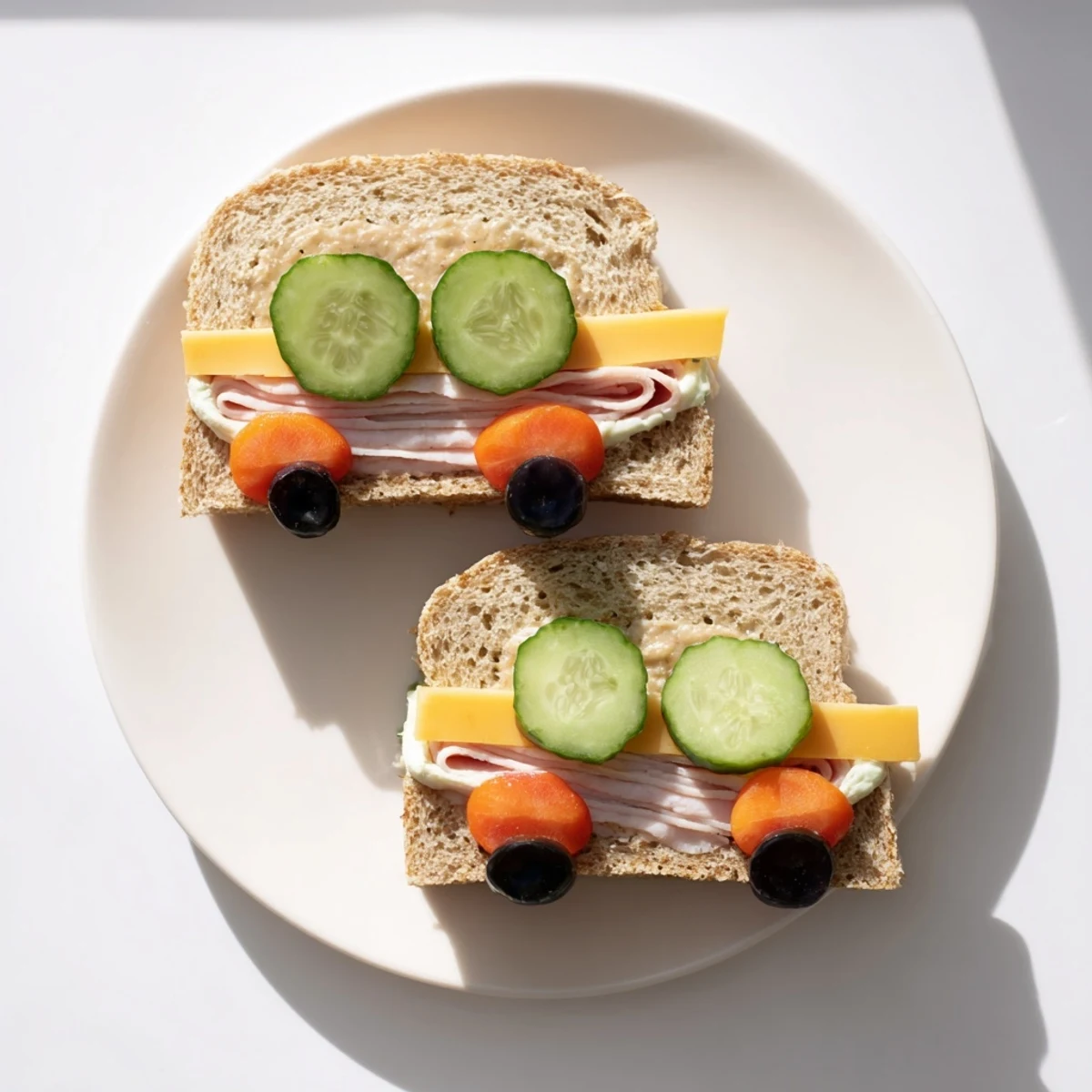Road Trip Ready Car-Shaped Lunch featuring a vibrant car sandwich, complete with carrot bumpers and olive wheels.