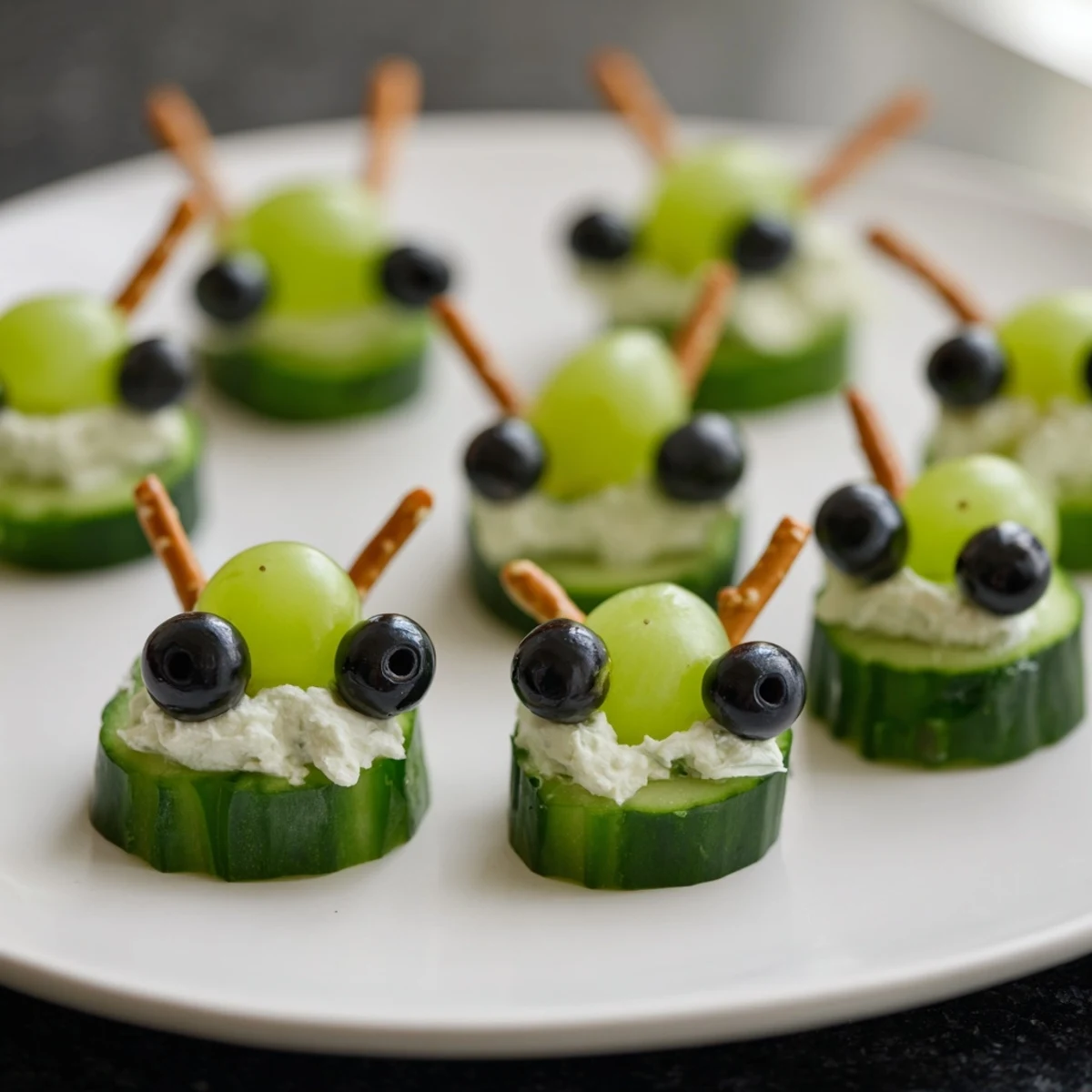 Vibrant close-up of Little Green Men Alien Snack Attack, showcasing edible eyes and pretzel antennas.