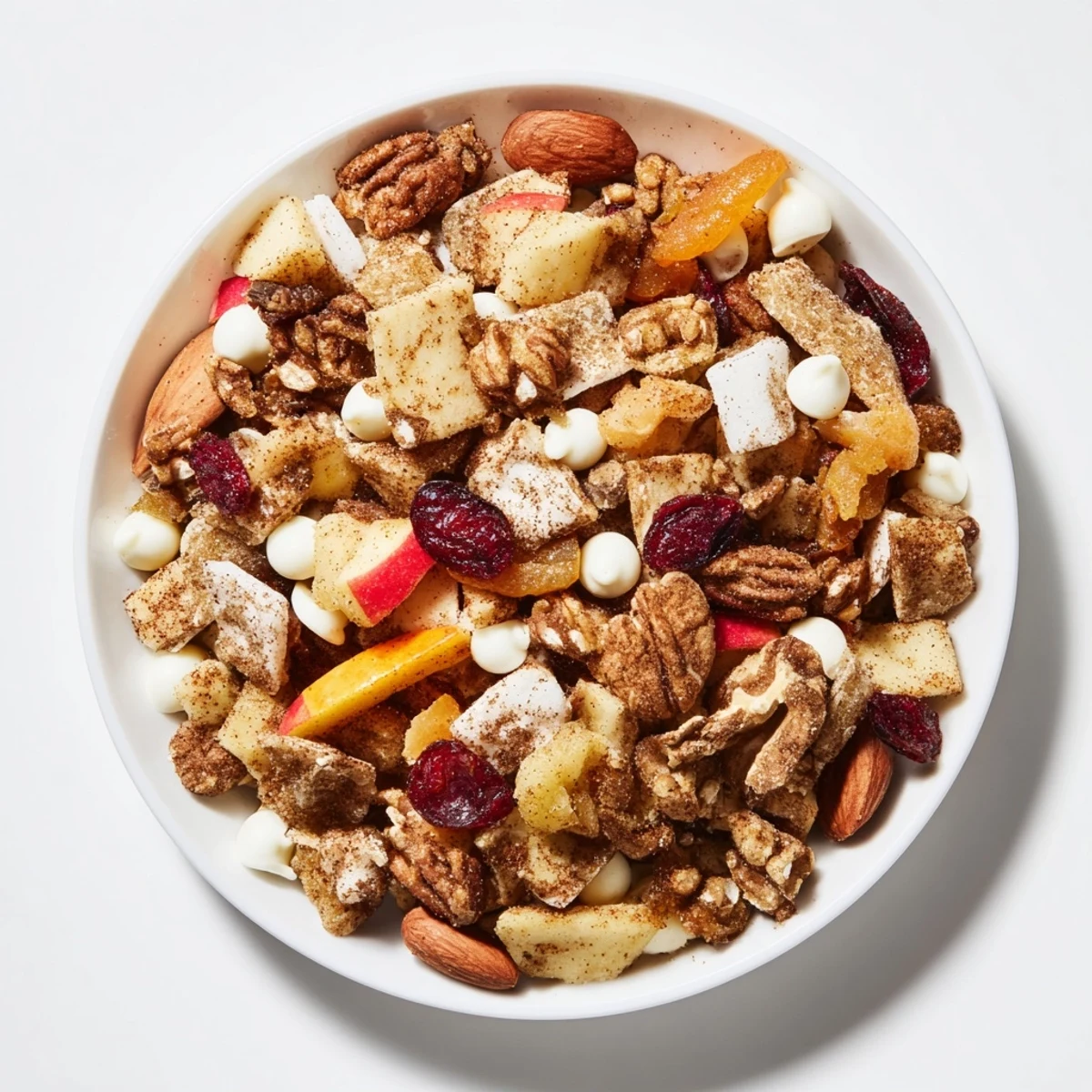 Close-up of golden Mélange Hivernal Flocon de Neige, showcasing cranberries, nuts, and spices.