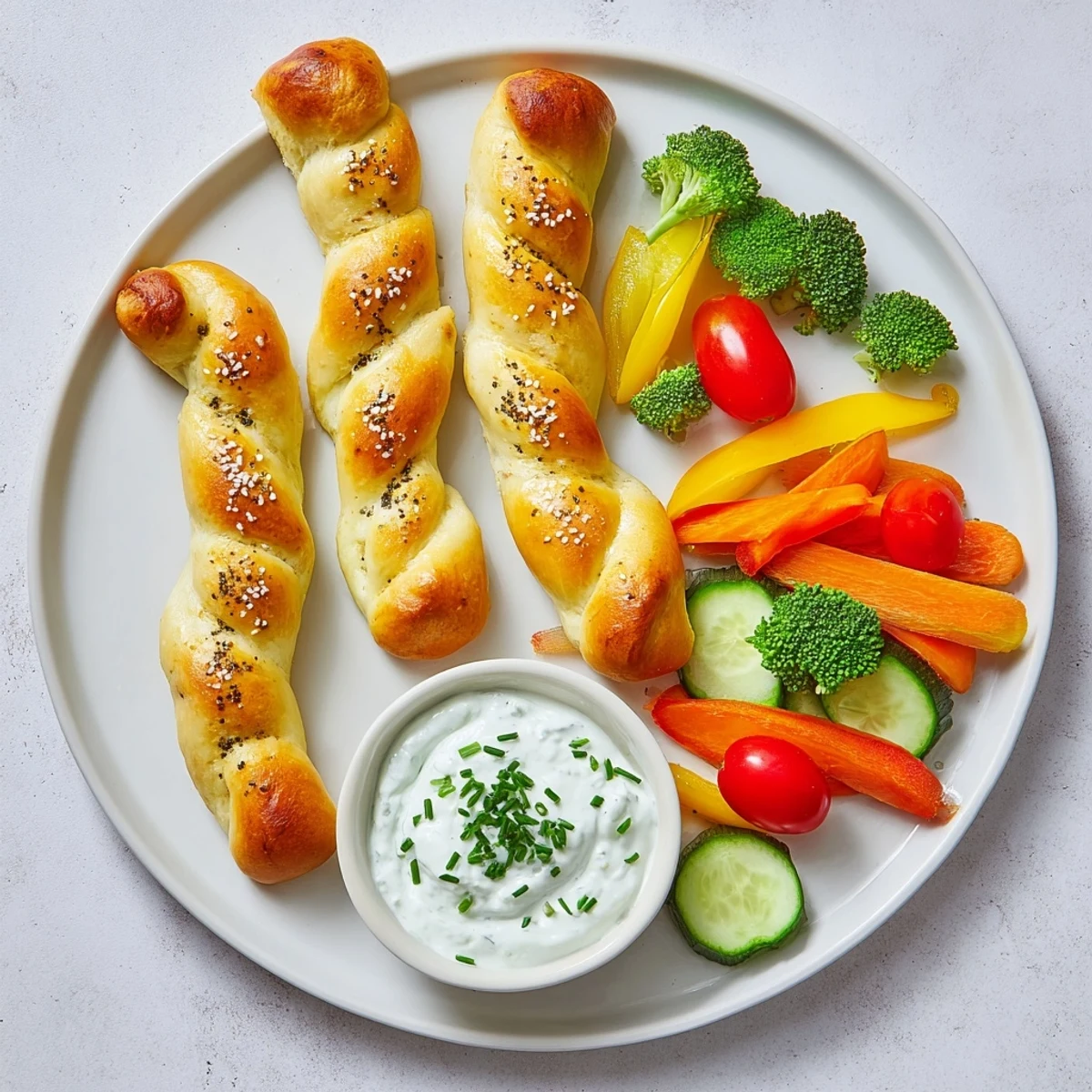 Golden-baked Dinosaur Bone breadsticks nestle among colorful crunchy vegetables perfect for dipping.