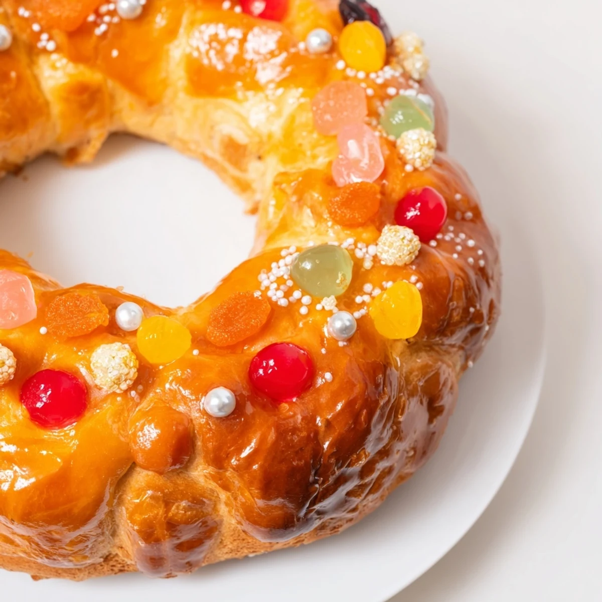 Golden-baked Couronne de Roi Bijoux Sucrés, a French crown bread, studded with glistening candied fruit.