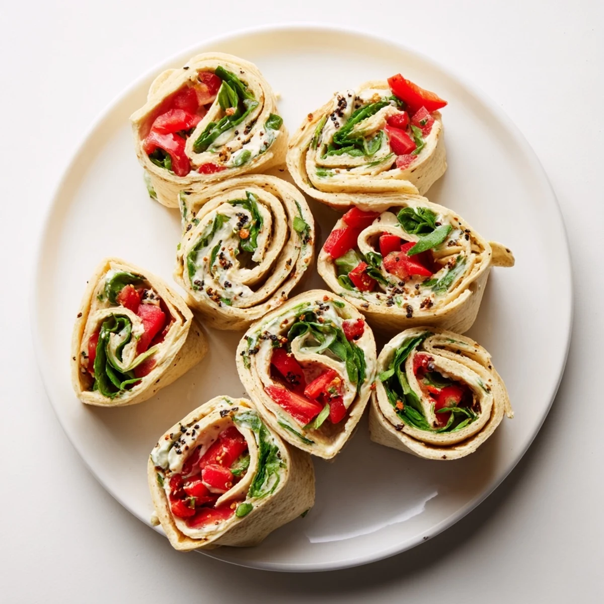 Sliced Christmas Scarf Tortilla Roll-Ups, featuring creamy filling ingredients; a delightful vegetarian appetizer for any party.