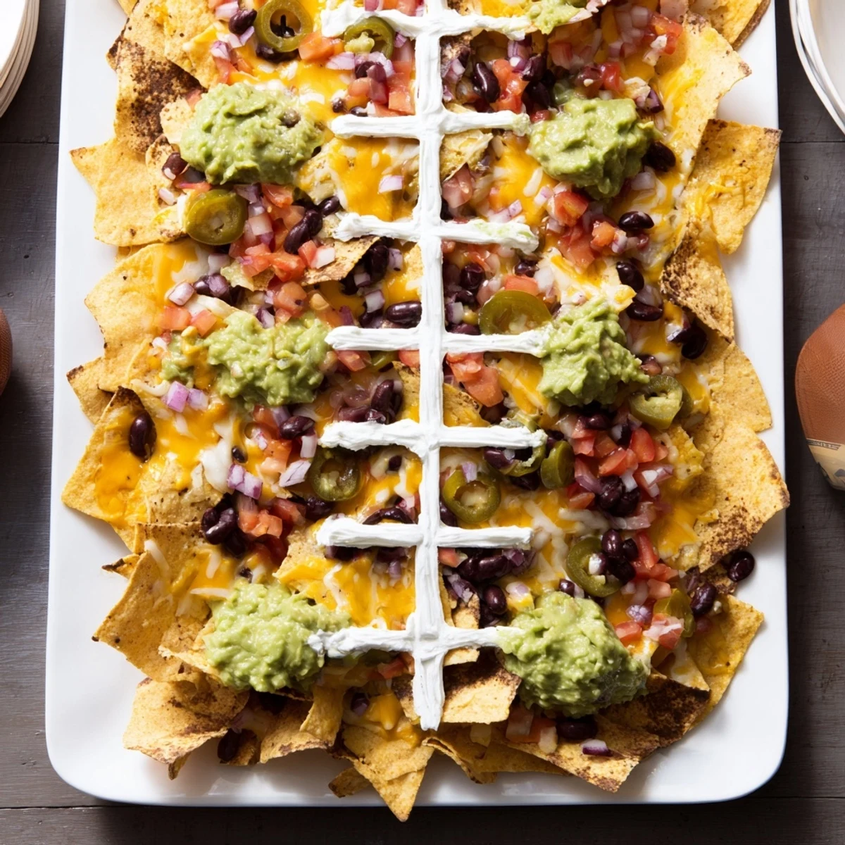 Warm, cheesy Football Field Nacho Platter, featuring black olives, beans, and creamy guacamole for game day.