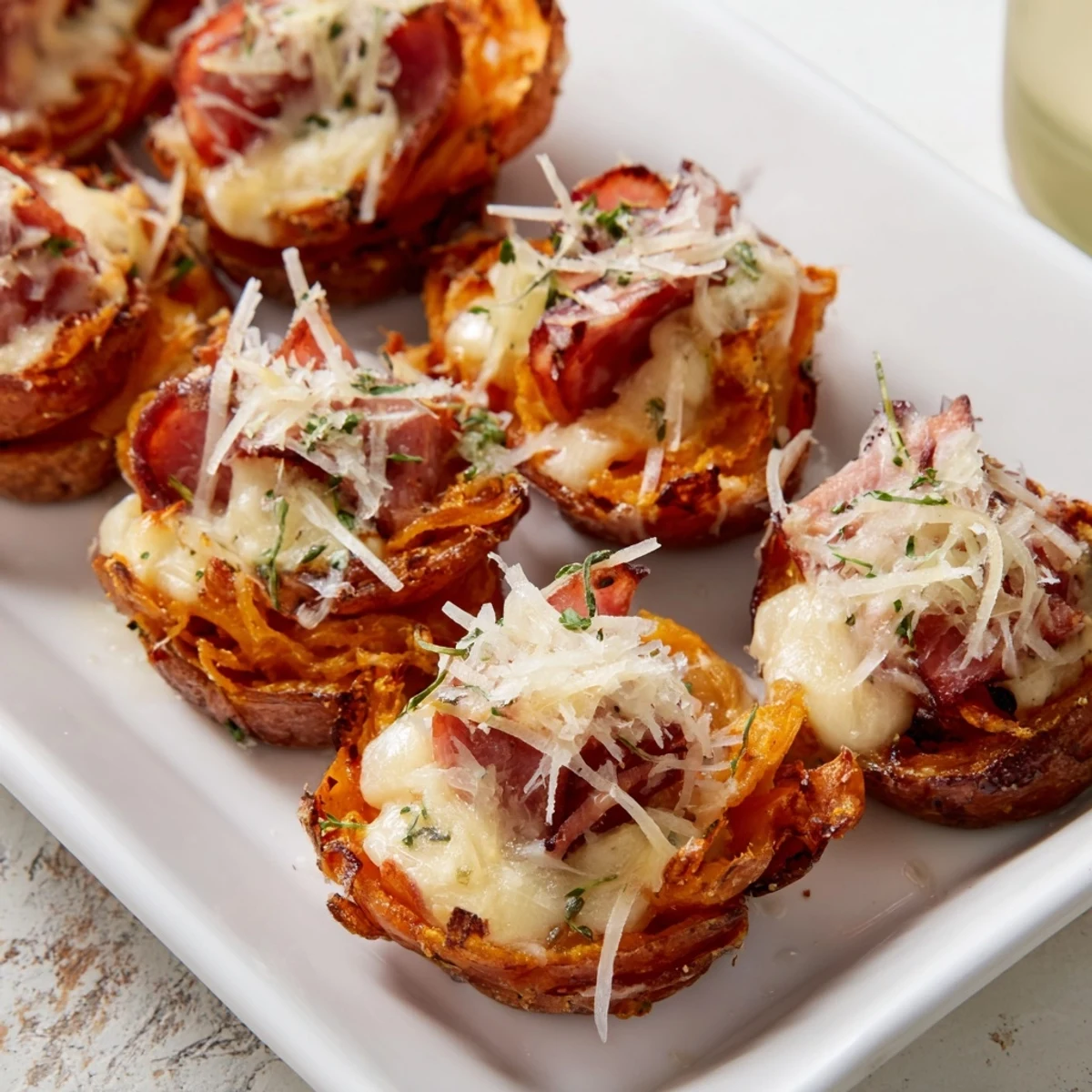 A bubbling baking dish of Plateau Moufle Chaud et Confortable with melted cheese, savory ham, and herbs.