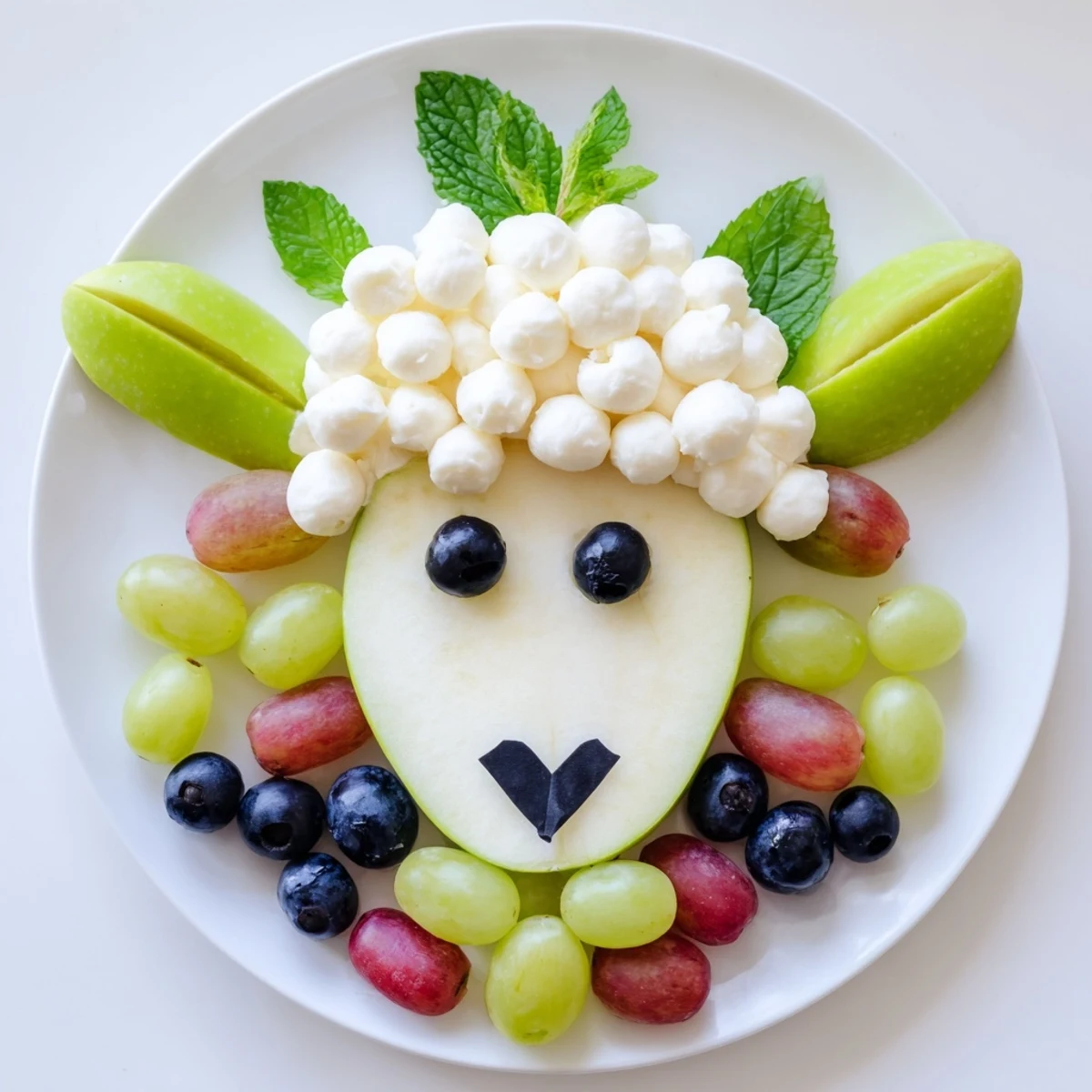 Lamb Face Fruit and Cheese Platter: a whimsical arrangement with fresh fruit, cheeses, and adorable details.