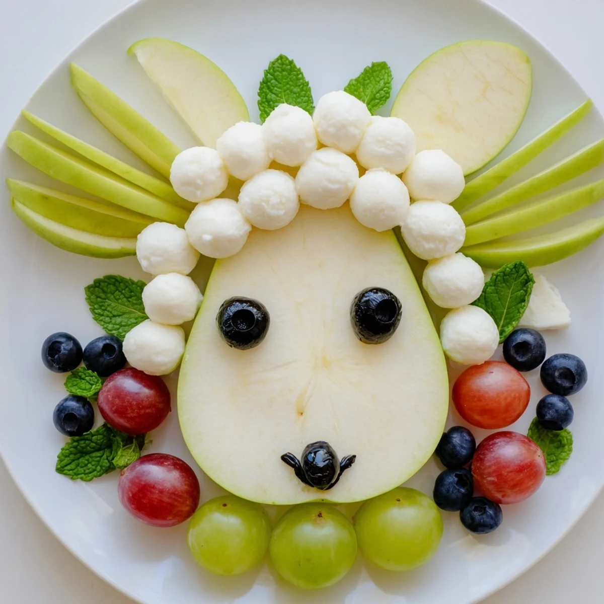 See the Lamb Face Fruit and Cheese Platter, a delightful snack, garnished with mint and drizzled honey.