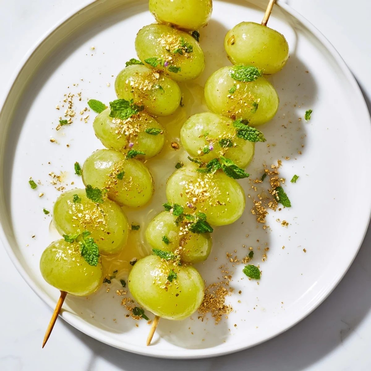 A close-up of festive Grapes of Luck Countdown Skewers, perfect for a shimmering New Year's treat.