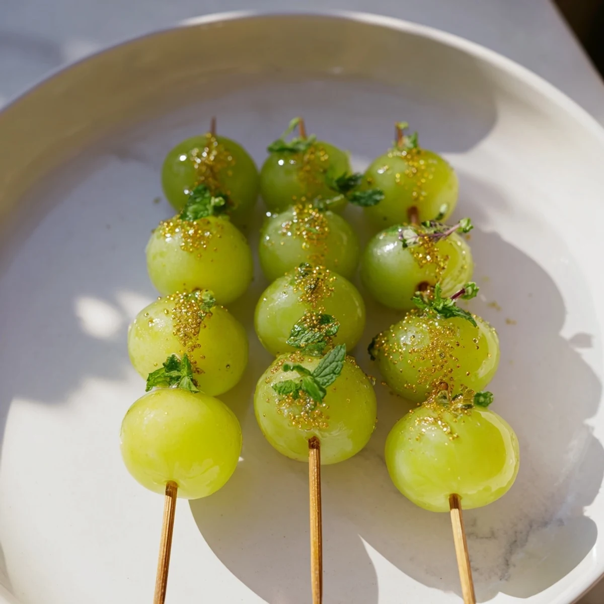 Shiny green grapes are skewered in this easy Grapes of Luck recipe, ready for a midnight celebration.