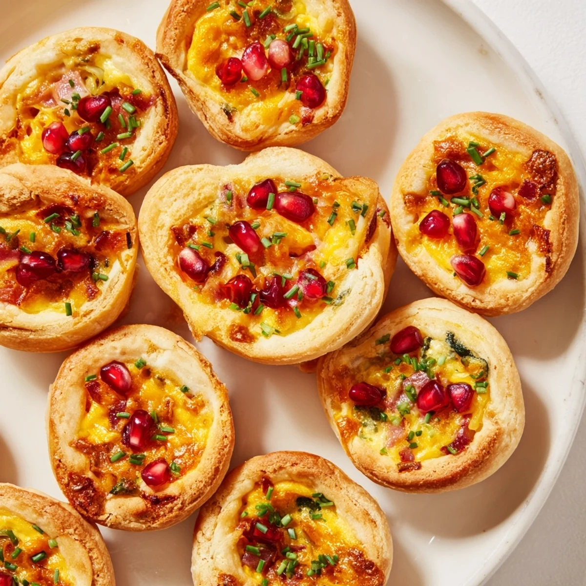 Golden-brown mini quiche Christmas tree appetizers, packed with savory flavors and festive garnishes.