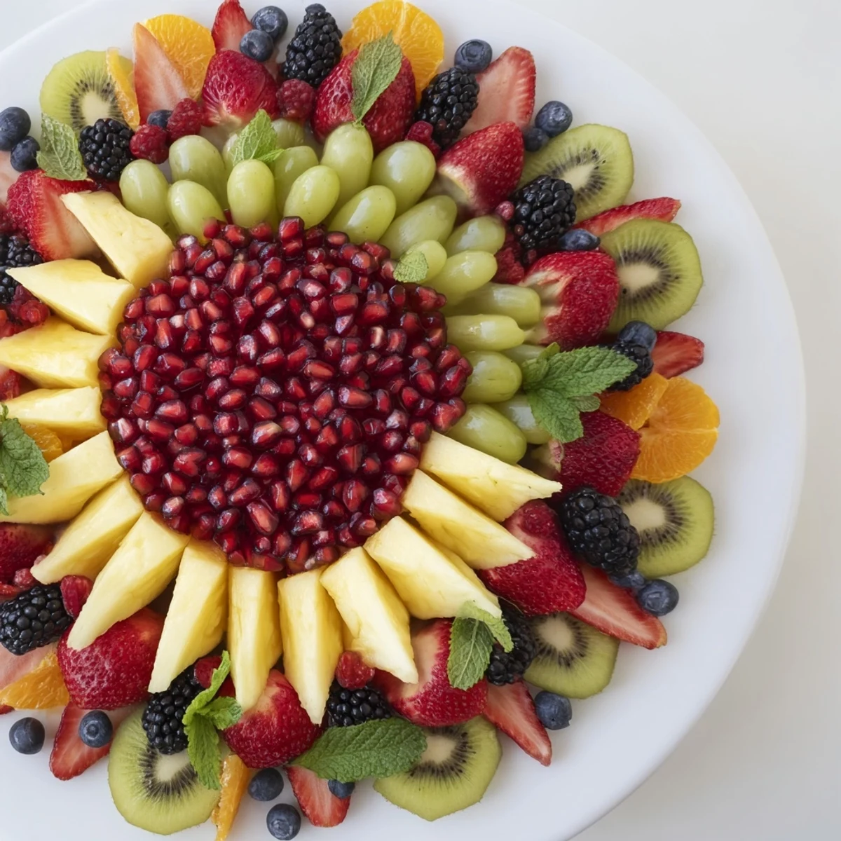 A festive Pomegranate Starburst Platter glistening with fresh fruit making it a refreshing appetizer.