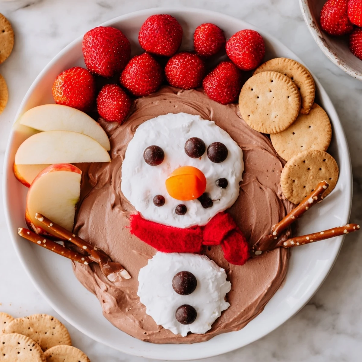 Hot Cocoa Dip snowman, a creamy dessert dip resembling a festive snowman with pretzel arms.