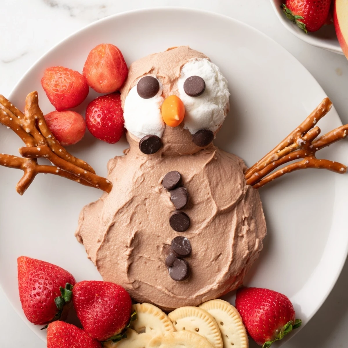 Festive Hot Cocoa Dip snowman, ready to be enjoyed with graham crackers and fresh, juicy strawberries.