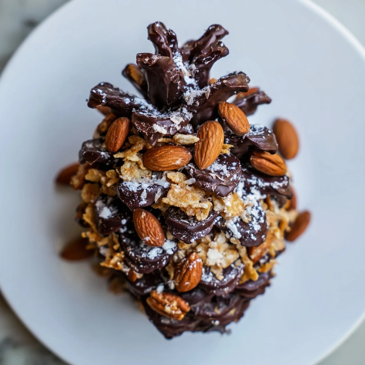Rustic Pinecone Chocolate Nut Clusters, a delightful, crunchy dessert with a sprinkle of powdered sugar.