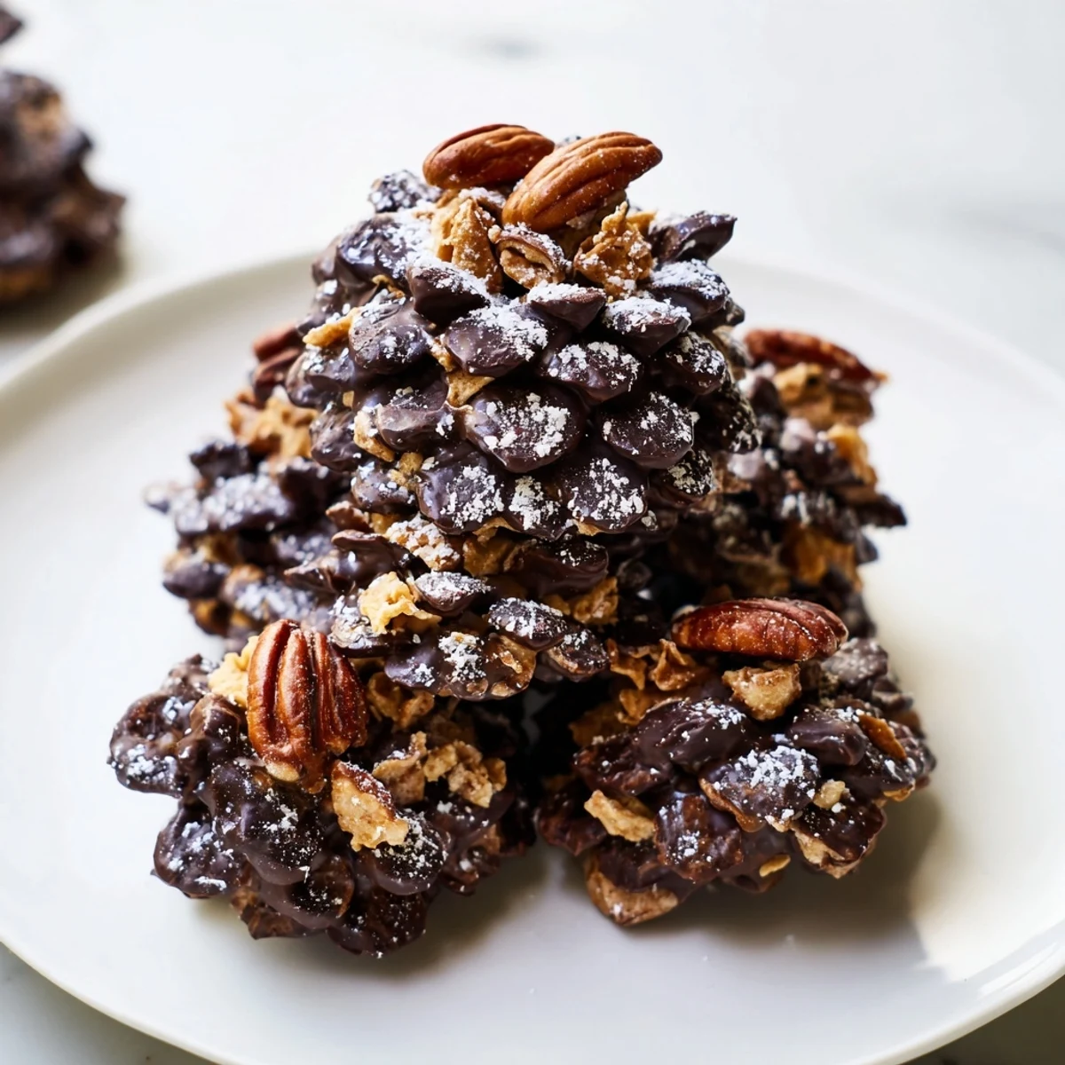 Homemade Rustic Dessert: Pinecone Chocolate Nut Clusters, perfect for a festive American dessert tray.